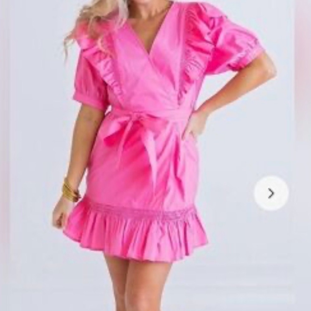 Karlie Pink Wrap Style Ruffle Dress Cotton Flutter Sleeve Tiered Hem Women Large